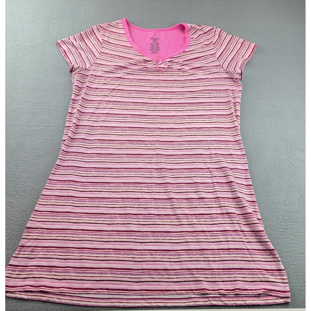 Simply Basic Sleepwear T-Shirt Women Small Pink Striped Cotton Bow Detail V-Neck